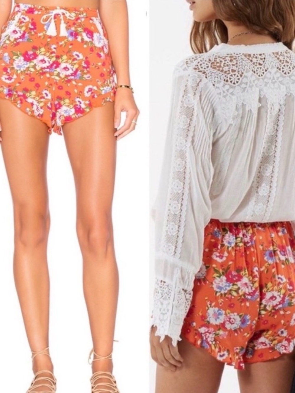 Spell White Lace-Trim Cami with Orange Floral Shorts Revolver NWT Large